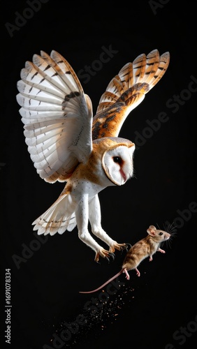 Barn Owl Hunting a Rodent in Mid-Air Displaying Predator-Prey Dynamics