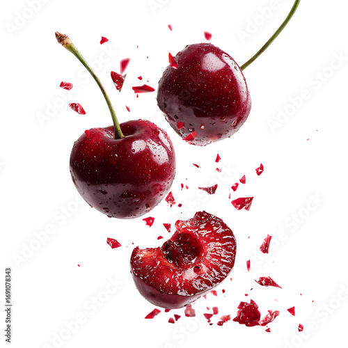 Red cherry slice falling floating gently PNG