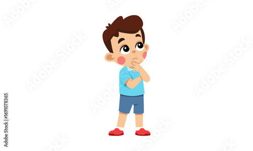 A cute cartoon boy with brown hair and a pensive expression, standing and thinking with his hand on his chin.