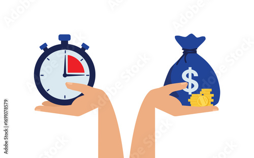 Time is money. The comparison in one hand is a stopwatch, and in the other a money bag