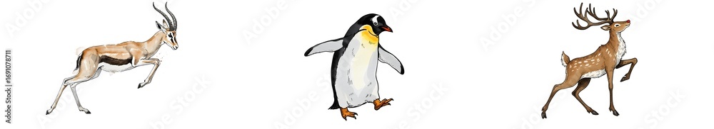 Obraz premium Whimsical Watercolor Animals: Gazelle, Penguin, and Deer Trio png clear alpha channel cutout isolated on transparent background