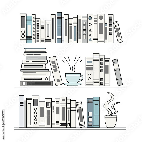 A collection of books on shelves with a cup of coffee and plants