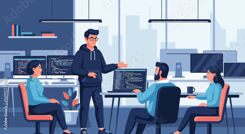 Team of software developers collaborating on a project in a modern office space