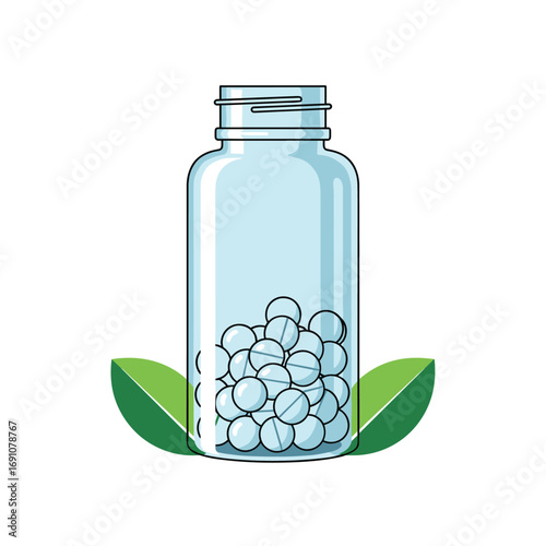 Natural herbal remedy pills in a glass bottle surrounded by green leaves