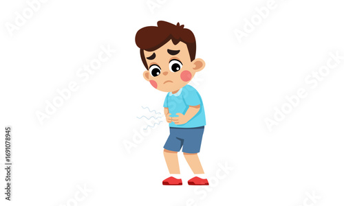 A young cartoon boy with a sad expression clutching his stomach due to pain or a stomachache.