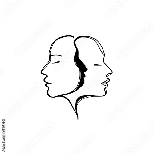 Minimalist line art drawing of two faces profile representing duality identity and psychology concept design