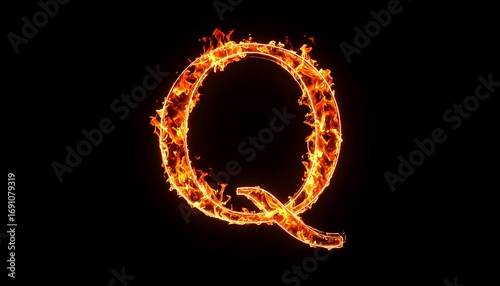 Fiery letter Q on black background