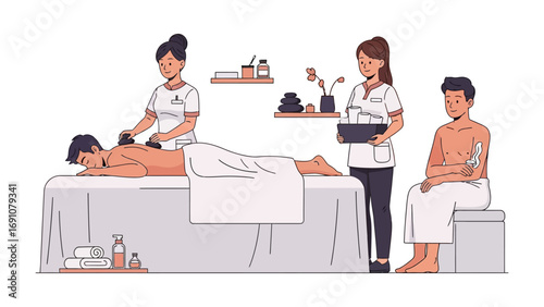 Three women in bathrobes applying skincare products and serums for a luxurious beauty treatment and self care routine