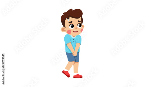 Cartoon boy with urgent need to urinate, holding crotch.