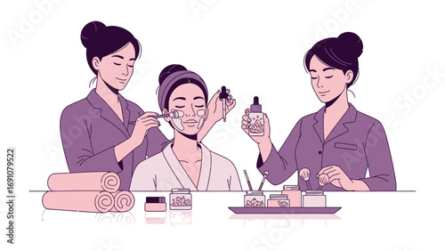 Relaxing spa scene with women enjoying a hot tub receiving spa treatments and practicing yoga with candles and rose petals for ultimate tranquility and wellness