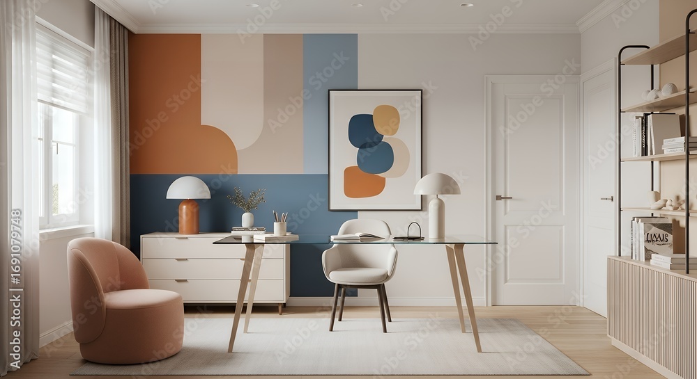 Fototapeta premium Modern and Artistic Home Office with a Colorful Abstract Geometric Wall.