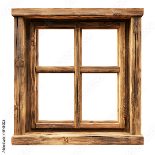 Old Wooden Window Frame with Four Clear Panes rustic isolated on a transparent background