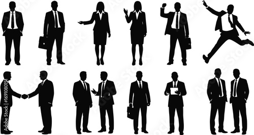 Business Silhouettes of Men and Women in Varied Gestures and Actions, Ideal for Office, Teamwork, and Professional Concept Themes