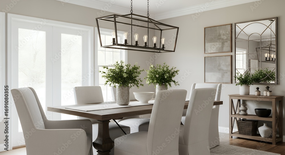 Fototapeta premium Elegant Modern Farmhouse Dining Room with a Rustic Table and Industrial Chandelier.