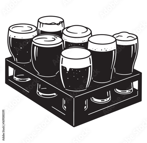 Beer flight illustration featuring multiple styles of craft beer poured in tasting glasses