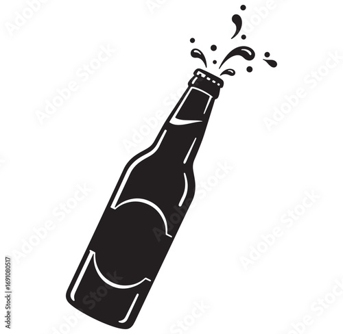 Black and white beer bottle with splashing liquid illustration for drinking themes.
