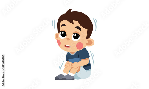 Cartoon boy shivering, sitting with knees pulled to chest.