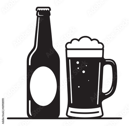 Black and white illustration of a beer bottle and a beer mug with foam