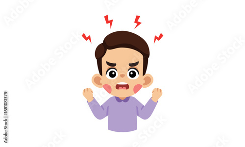 Angry boy cartoon illustration with purple shirt and red lightning bolts above his head.