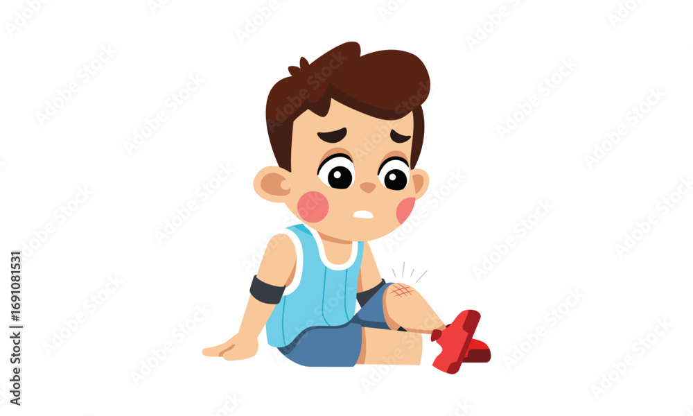A cartoon boy sits on the ground with a sad expression after scraping his knee. A cartoon boy sits on the ground with a sad expression after scraping his knee.