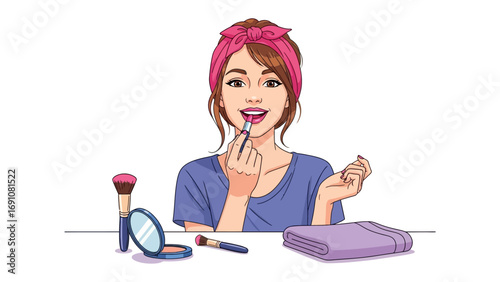 Elegant woman applying makeup in a mirror with a brush and compact reflecting her focused expression and stylish appearance