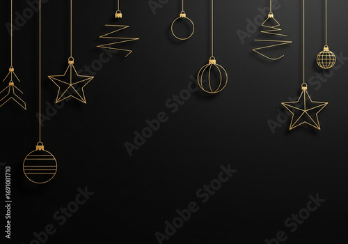 Illustration de Noël dorée sur fond noir – sapins et décorations élégantes et minimaliste moderne