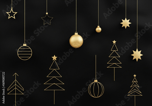 Illustration de Noël dorée sur fond noir – sapins et décorations élégantes et minimaliste moderne