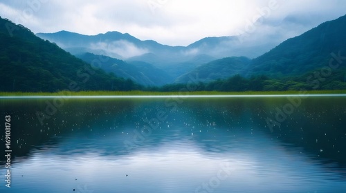 雨の日の湖と山々の静かな風景 霧がかった空の下で緑豊かな山々と水面の反射が美しい