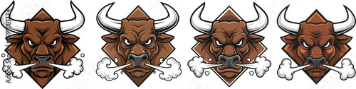 Angry bull head mascot vector illustration, fierce animal face with smoke, aggressive expression, horned beast logo design for sports, branding, emblem artwork