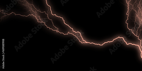 A mesmerizing electric lighting effect radiates against a dark, mysterious black background. A dramatic lightning bolt streaks across the night sky. lightning bolts against dark sky raw power. 