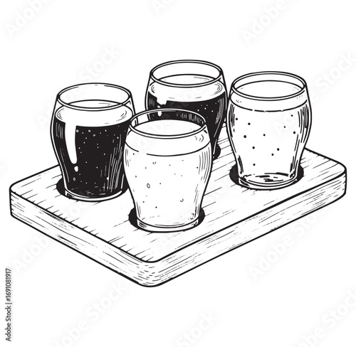 Black and white illustration of a beer flight with four different craft beer selections
