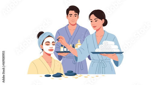 Three female dermatologists or estheticians in lab coats examining skin with magnifying glass and performing cosmetic treatments on mannequins