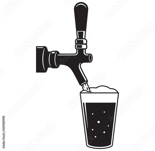 Black and white illustration of a beer tap pouring into a pint glass