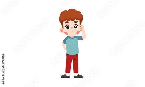 A cartoon illustration of a young boy with a worried and confused expression, touching the side of his head.