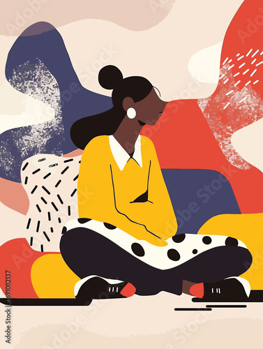 Stylish vector graphic of a woman sitting in contemplation against an abstract background, perfect for social media and wellness content
