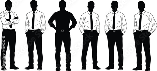 Businessmen Silhouettes in Suits with Varied Postures and Blue Highlight, Ideal for Office, Identity, and Corporate Concept Themes