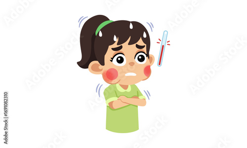 Cartoon illustration of a young girl with a fever, sweating and shivering, looking unwell with a high temperature.