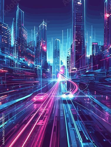 Vector illustration of a futuristic city with vibrant neon lights and dynamic traffic on a busy digital highway at night