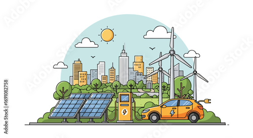 Flat illustration of an electric car charging with solar panels and wind turbines in the background, symbolizing renewable energy, clean transportation, and eco-friendly solutions for a sustainable