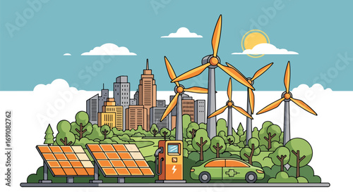 Flat illustration of an electric car charging with solar panels and wind turbines in the background, symbolizing renewable energy, clean transportation, and eco-friendly solutions for a sustainable