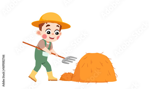 A cheerful cartoon farmer wearing overalls and a hat, using a pitchfork to gather hay next to a large haystack.