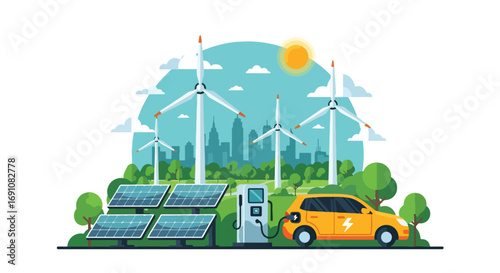 Flat illustration of an electric car charging with solar panels and wind turbines in the background, symbolizing renewable energy, clean transportation, and eco-friendly solutions for a sustainable