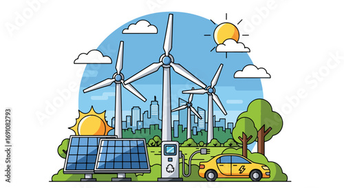 Flat illustration of an electric car charging with solar panels and wind turbines in the background, symbolizing renewable energy, clean transportation, and eco-friendly solutions for a sustainable