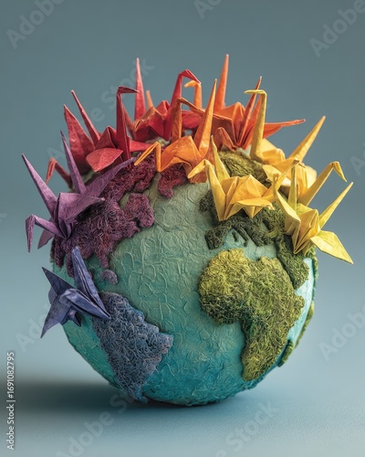 Colorful origami cranes adorn a paper globe