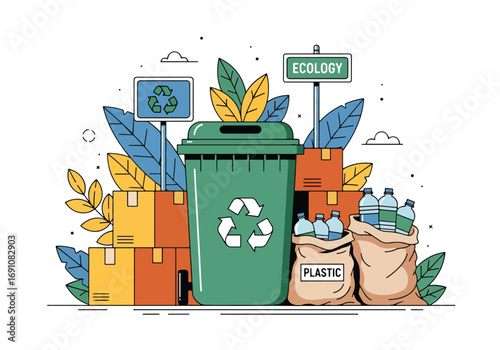 Flat illustration of recycling bins with plastic bottles and cardboard boxes, symbolizing waste management, sustainability, and eco-friendly practices for a cleaner environment