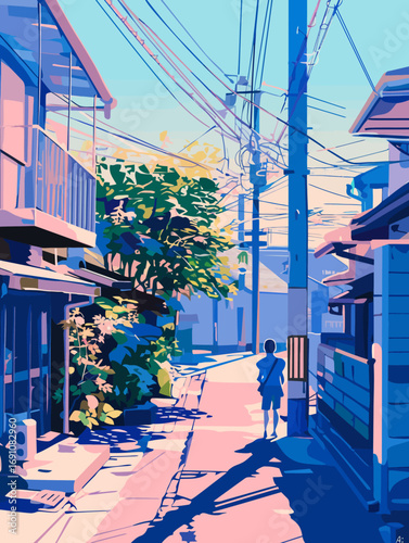 Peaceful illustration of a sunlit Japanese alleyway with a person walking through vibrant pastel shadows, under a tangle of overhead power lines