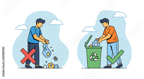 Flat illustration showing the difference between littering and proper recycling, encouraging eco-friendly habits, waste management, and environmental responsibility for a cleaner planet