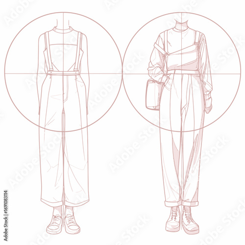 A set of two technical fashion illustrations featuring female models in modern streetwear. Hand-drawn outline sketches for clothing design and collection concepts