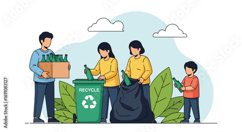 Flat illustration of a family recycling glass bottles into a green bin, symbolizing sustainability, eco-friendly habits, waste reduction, and community responsibility for a cleaner environment