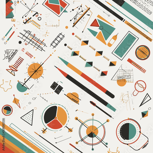 Minimalist schematic illustration with vintage geometric diagrams and simple design tools for creative content development